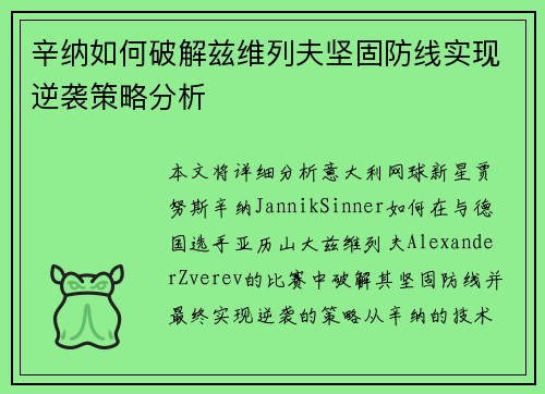 辛纳如何破解兹维列夫坚固防线实现逆袭策略分析 辛纳如何破解兹维列夫坚固防线实现逆袭策略分析