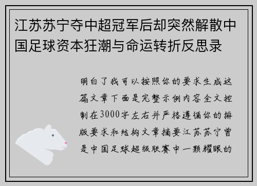 江苏苏宁夺中超冠军后却突然解散中国足球资本狂潮与命运转折反思录