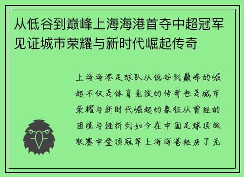 从低谷到巅峰上海海港首夺中超冠军见证城市荣耀与新时代崛起传奇
